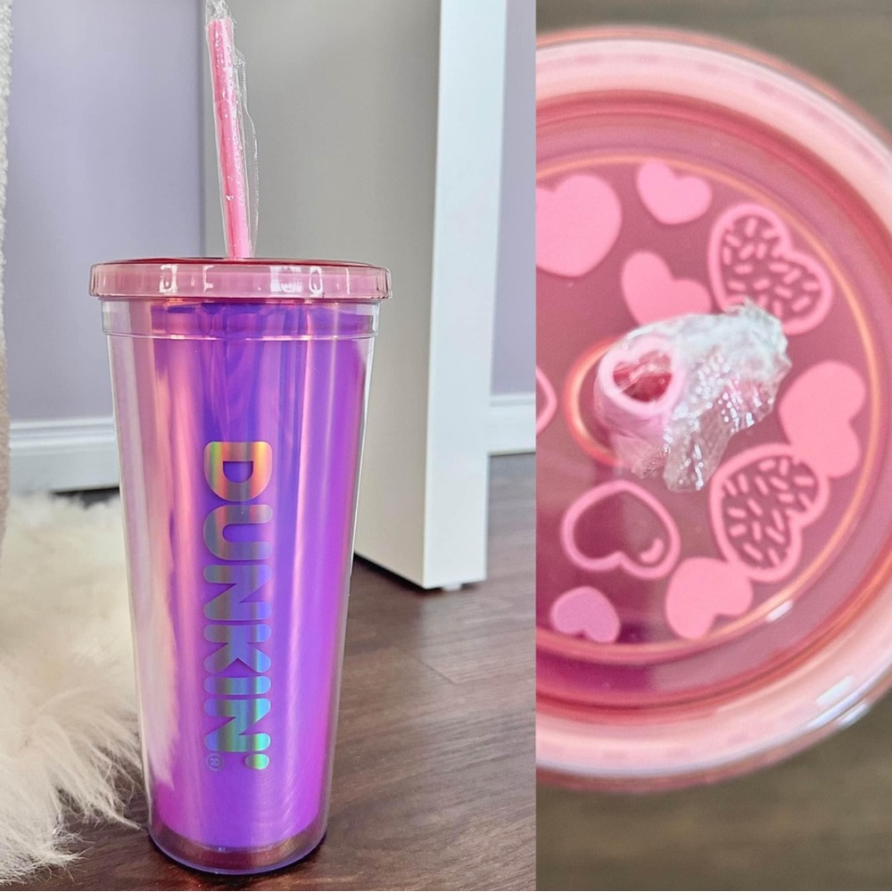 Brand New Pink Iridescent Dunkin Donuts Tumbler with Heart Straw